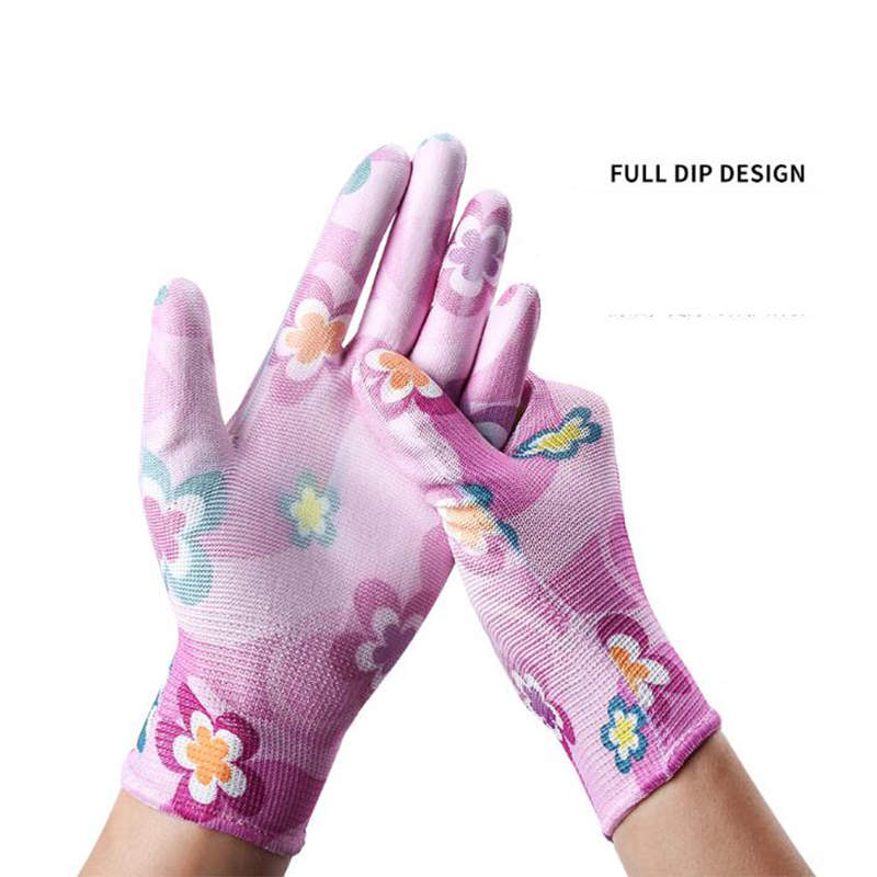 Полная цветочная печать 13 защитных рабочих перчаток из полиэстера с полиуретановым покрытием